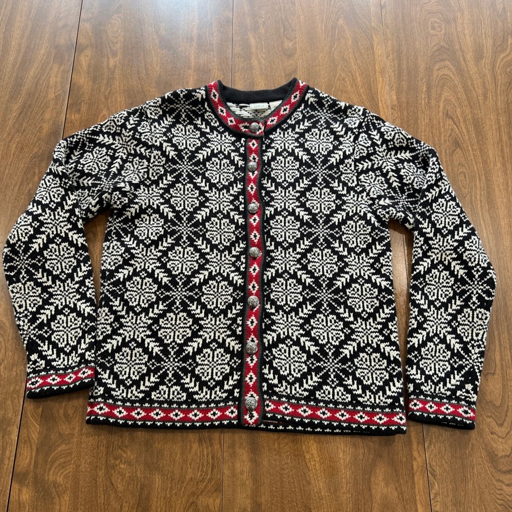 LL Bean Nordic Fair Isle Cardigan Sweater Black White Red Cotton 0 WNB1 M-REG